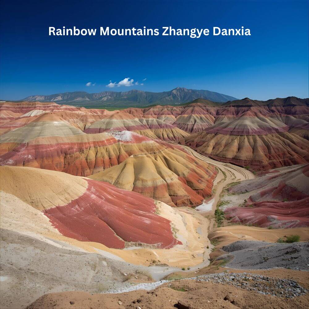 Rainbow Mountains of Zhangye Danxia in China with colourful striped hills under clear sky.