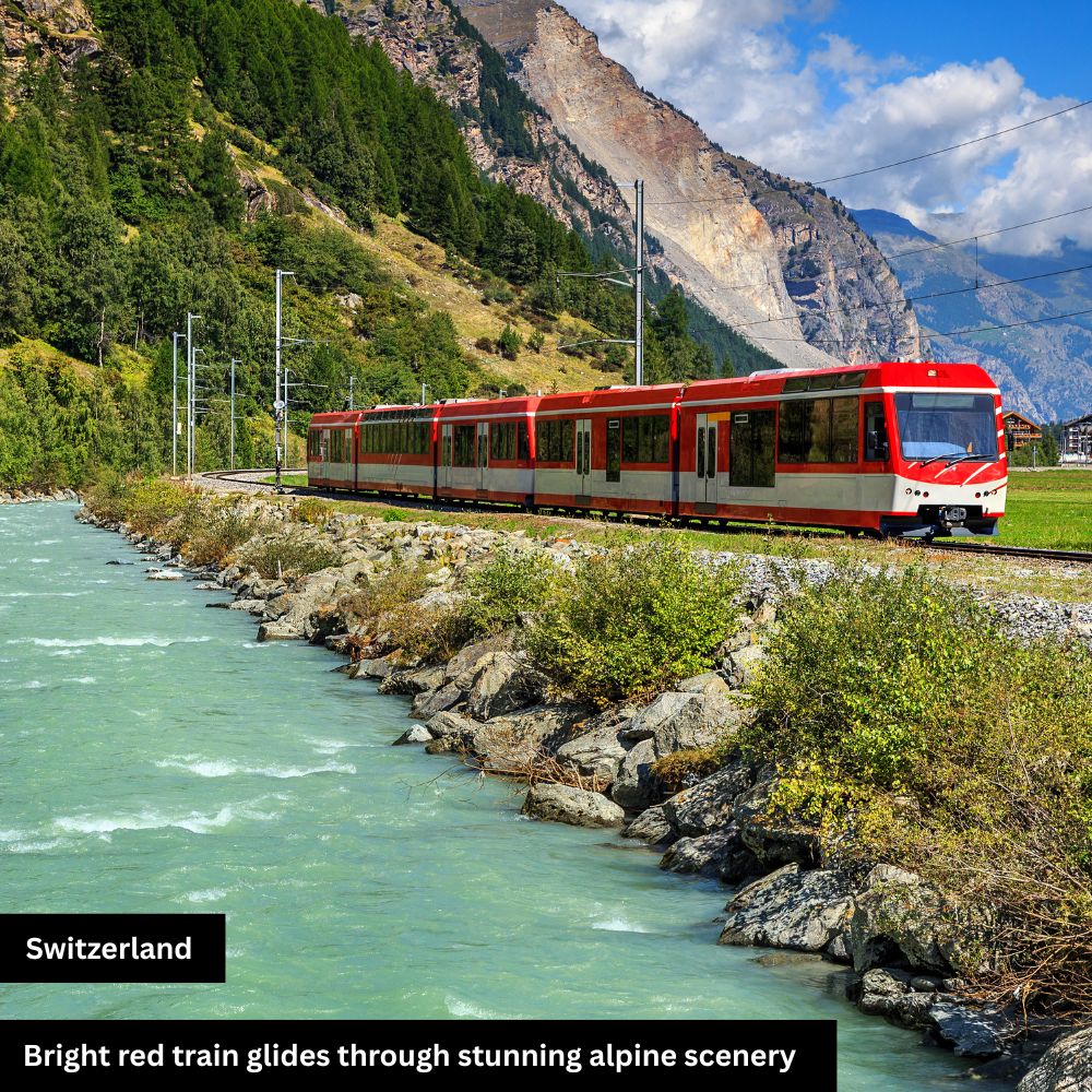 bright red train glides through stunning alpine scenery