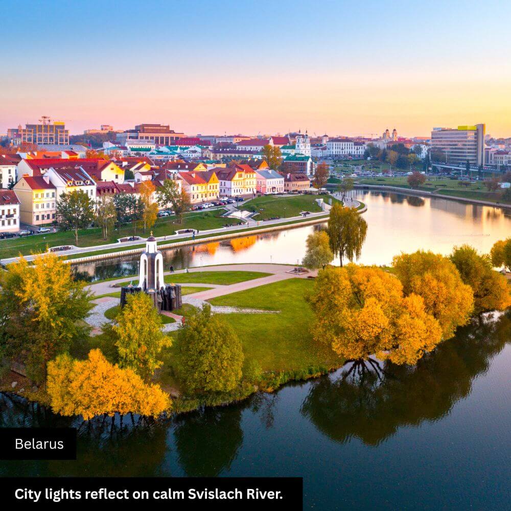City light reflect on calm Svislach River