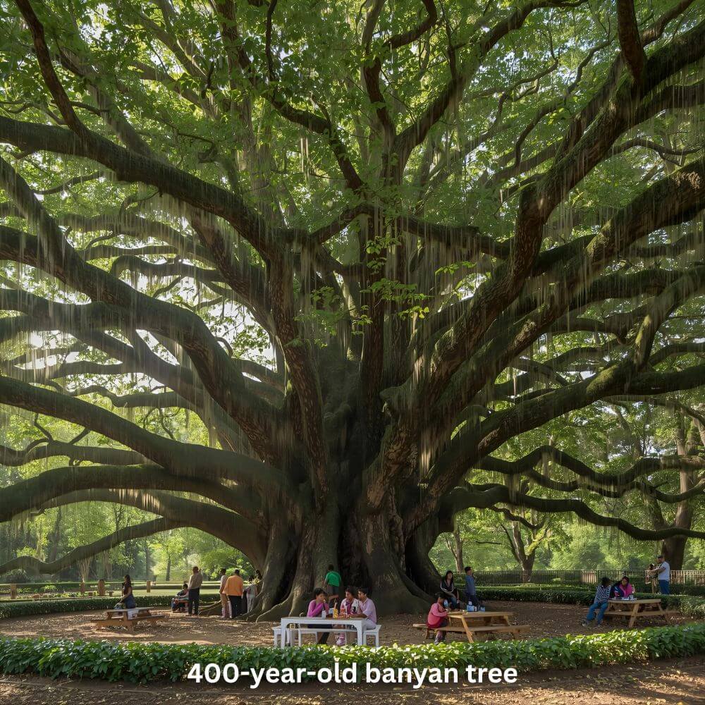 A 400-year-old Big Banyan Tree in Bangalore spreading across acres with picnic visitors.A 400-year-old Big Banyan Tree in Bangalore spreading across acres with picnic visitors.