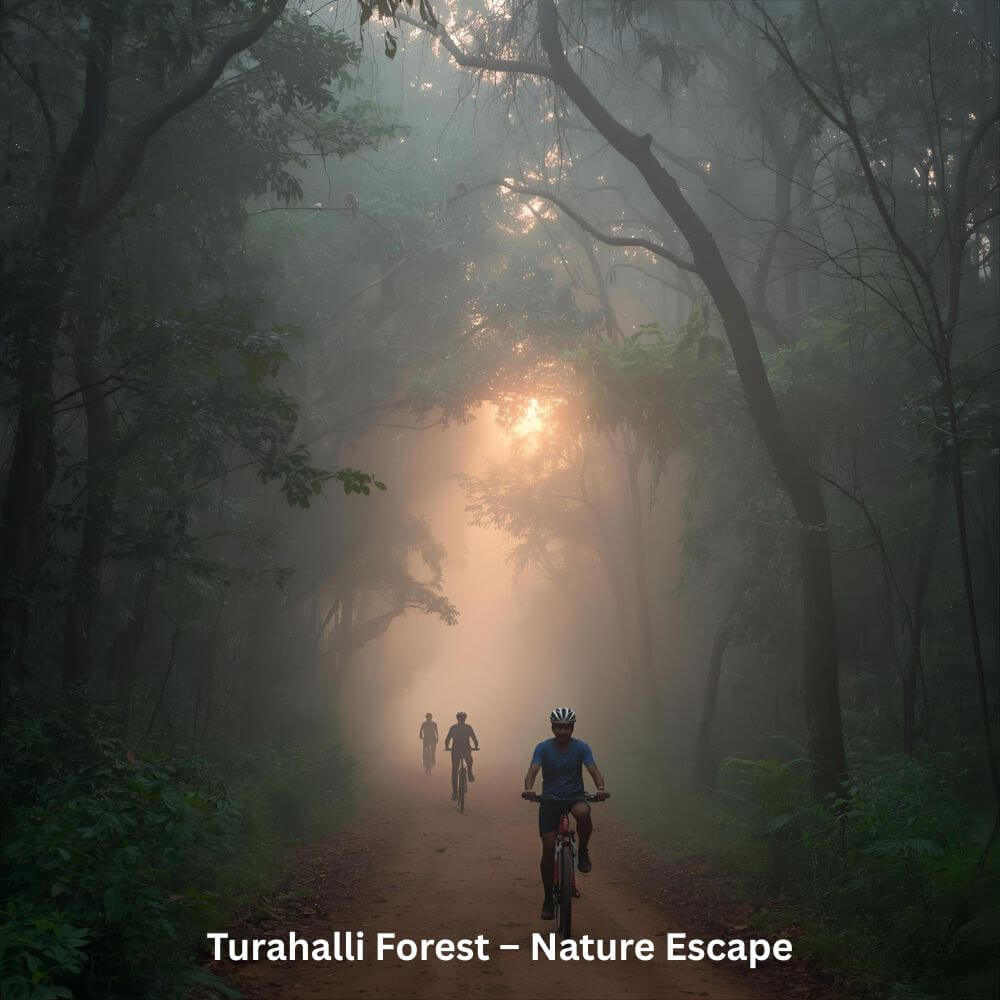 Tourists walking and cycling through Turahalli Forest at sunrise in Bangalore.