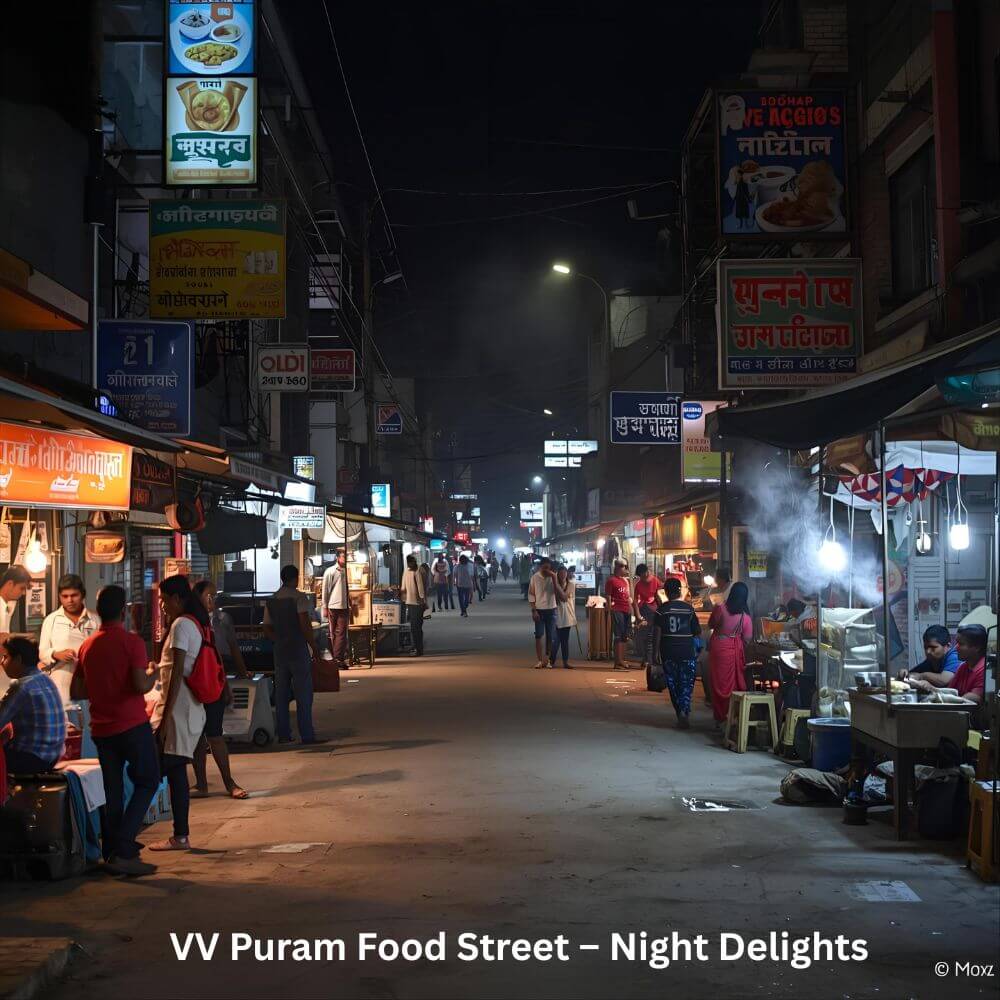 People enjoying authentic street food at VV Puram Food Street in Bangalore.