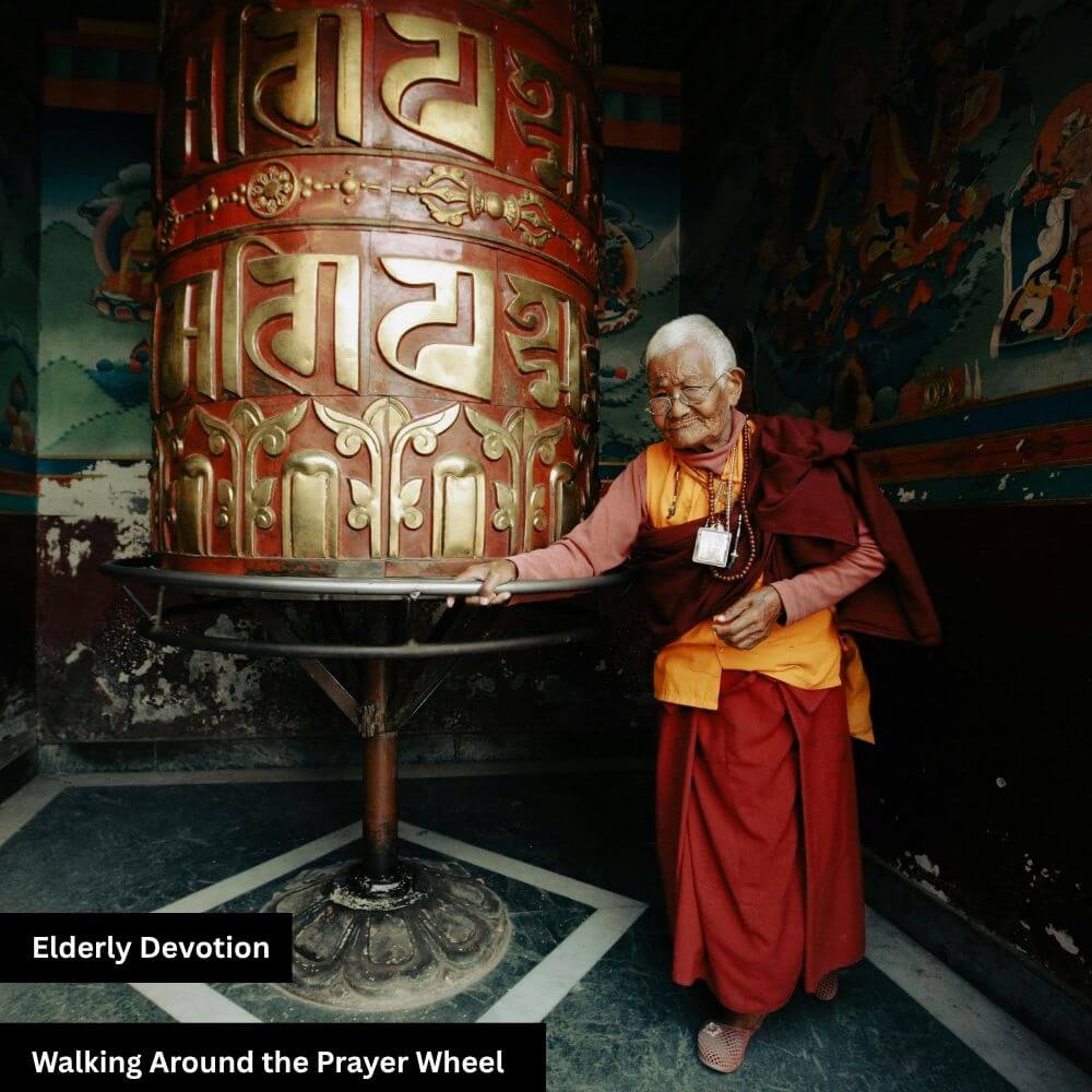 man walking around the prayer wheel