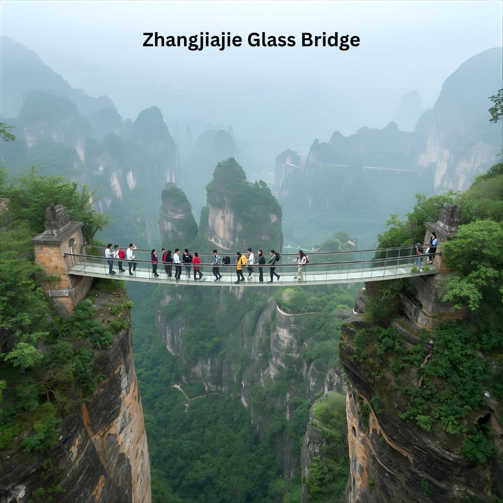 Tourists on Zhangjiajie glass bridge above green canyon in China.