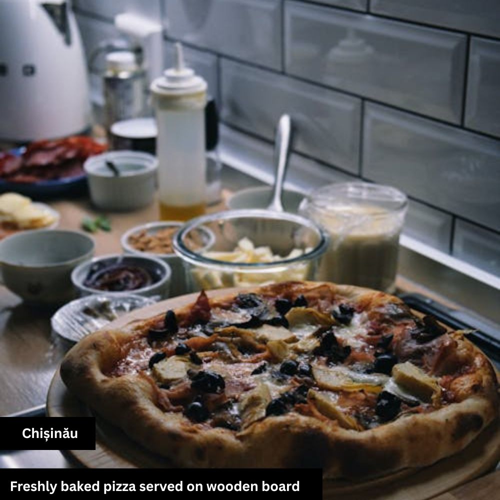 freshly baked pizza served on wood board