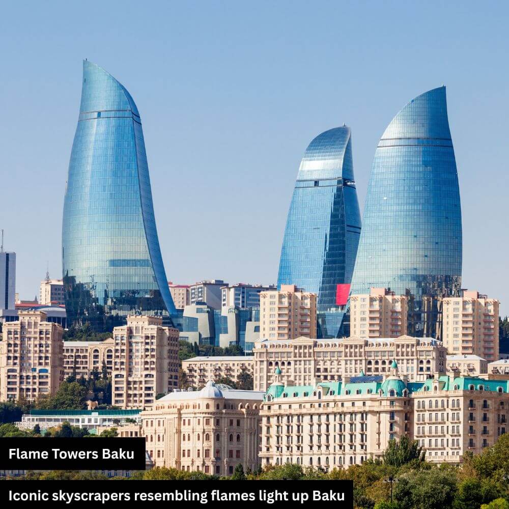 Baku’s skyline glows with fiery glass towers.