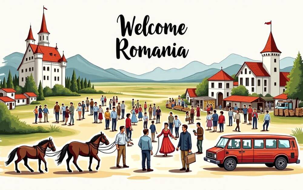 A scenic view of Romania featuring an open field with mountains in the background. In front of a small market, fruit stalls are set up while people walk around and explore. A man is holding two horses, adding a touch of local life and traditional charm