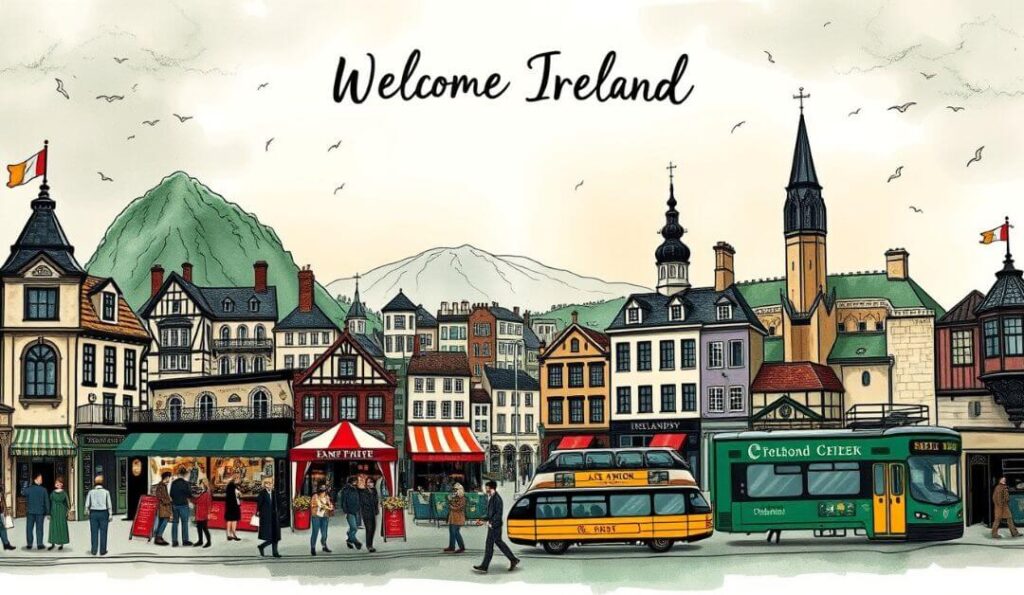 Hand-drawn illustration of Ireland featuring iconic landmarks like the Cliffs of Moher and Trinity College, lively local markets and pubs with traditional and modern people, bicycles, trains, and horse-drawn carts, all in bold, vibrant colors with sharp black line work. 'Welcome Ireland' is written at the top in handwritten brush-style font
