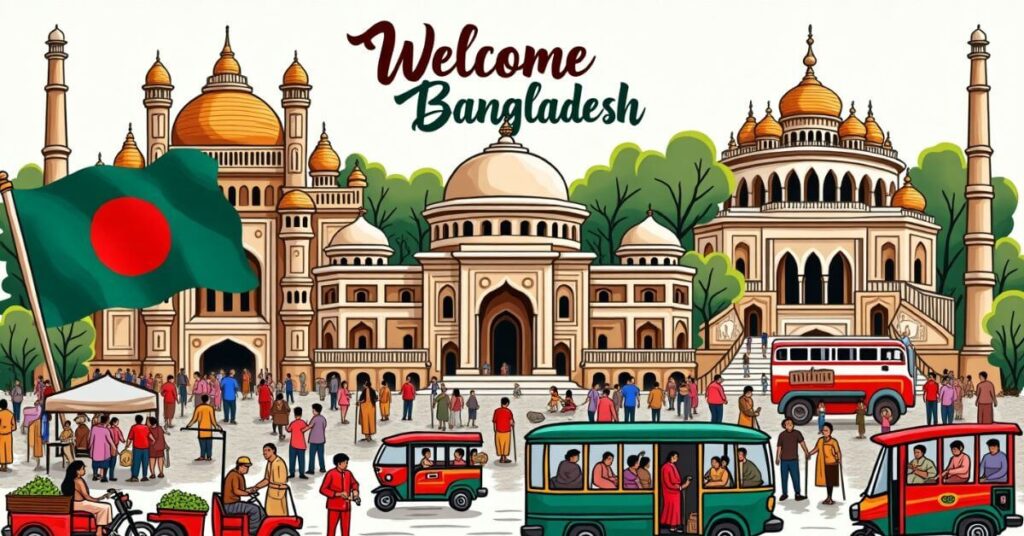 A welcoming scene from Bangladesh featuring the national flag waving proudly with mosques visible in the background. Rickshaws move along the street, some carrying passengers while others are loaded with vegetables and fruits for sale. A small minivan with passengers adds to the lively atmosphere, reflecting the country’s vibrant culture and daily life