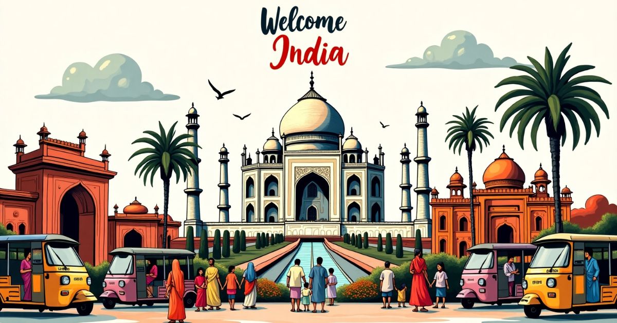 A scenic view of the Taj Mahal in India with auto rickshaws parked nearby and people walking around the monument