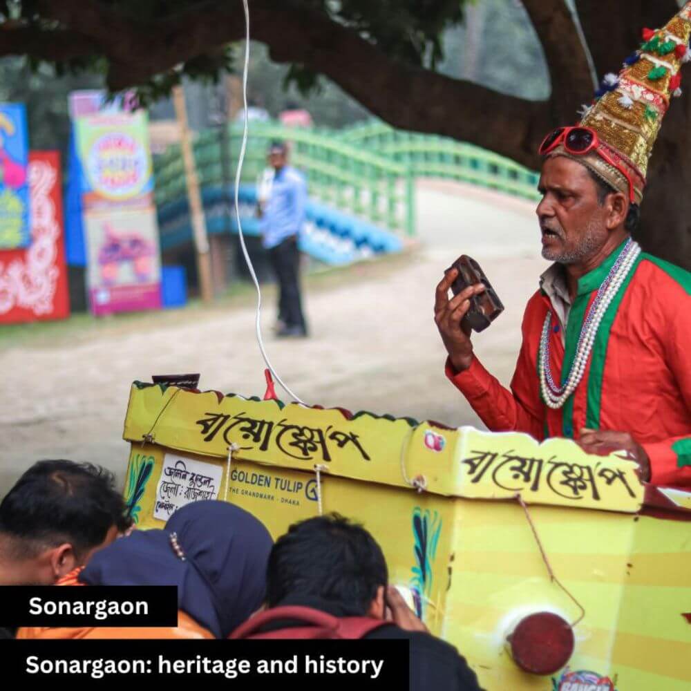 Alt Text: A street scene from Sonargaon city where a man in red clothes rides a bicycle carrying a yellow box filled with local food. He rings a traditional hand bell to attract customers. Nearby, three boys cover their faces while enjoying the food they just received.