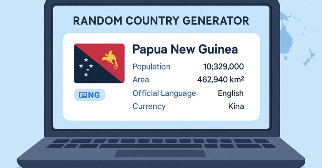 A modern laptop screen displaying a random country generator tool with Papua New Guinea selected, showing flag, population, area, language, and currency; a world map and icons float in the background