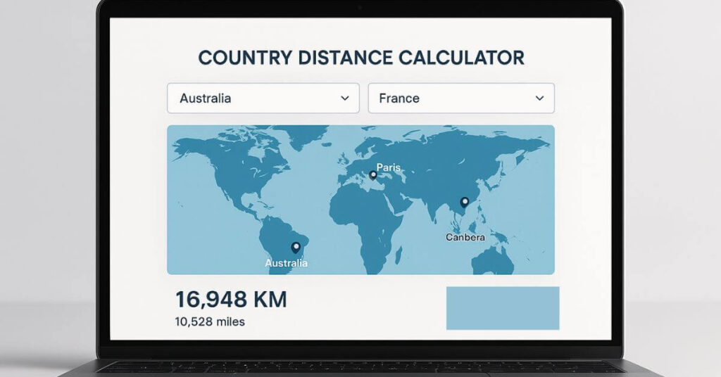 A sleek laptop displaying a Country Distance Calculator tool interface with dropdown menus for country selection, a world map highlighting Paris and Canberra, and distance results shown in kilometers