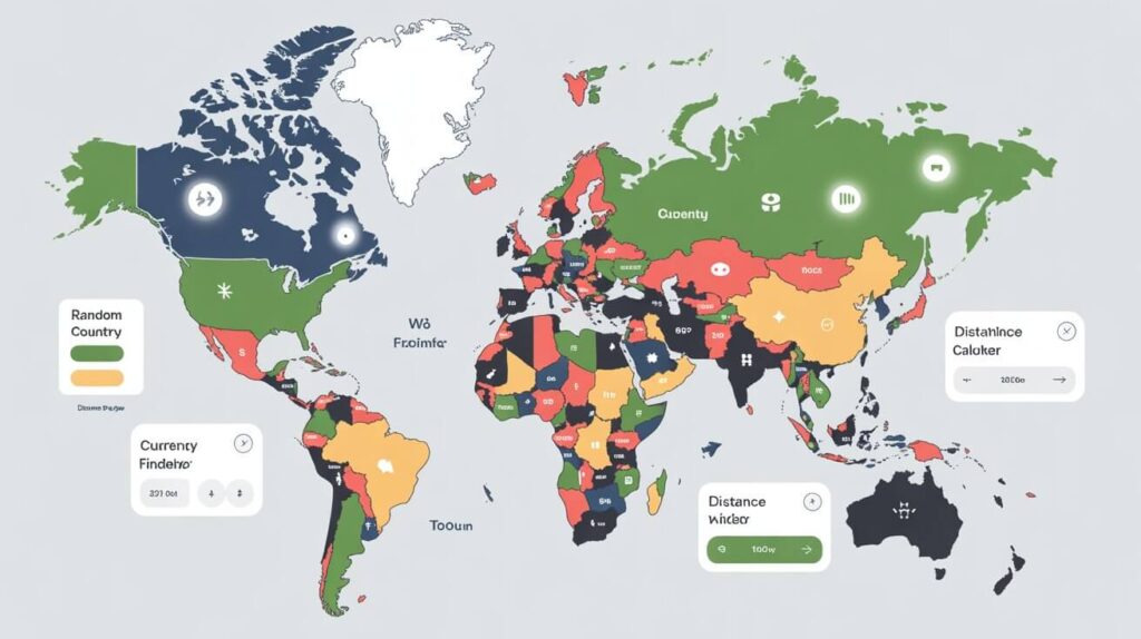 A clean, flat-style illustration of a world map on a white background, featuring glowing country borders, flag icons, and minimal UI buttons representing online tools such as a random country generator, currency finder, distance calculator, and driving side checker