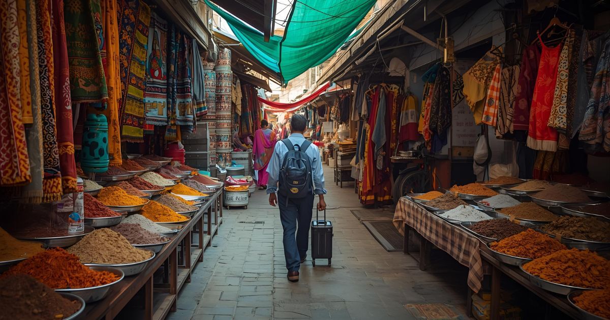 Traveller exploring an Indian bazaar with spices and fabrics.How Can I Go to India on a Budget