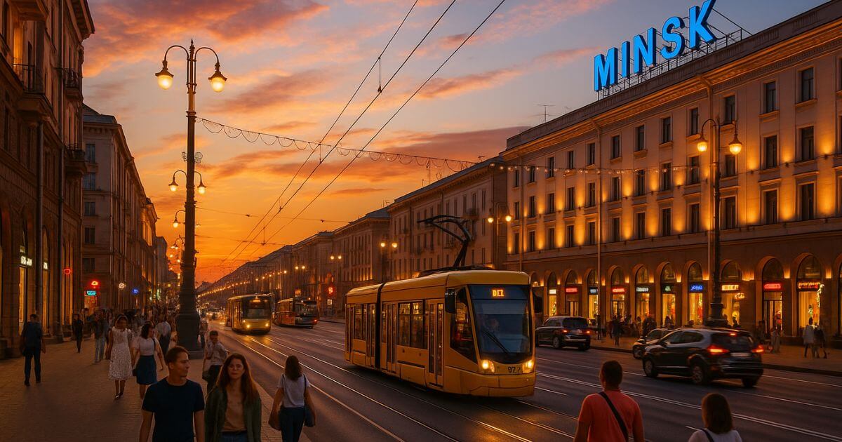 Independence Avenue in Minsk Belarus at sunset with trams and people, symbolising Belarus tourism.