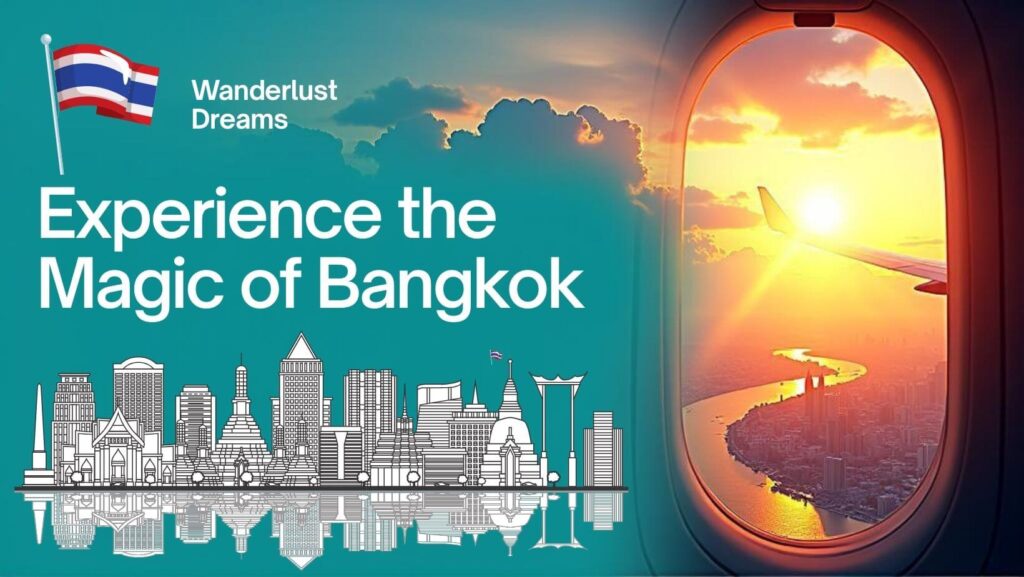 View of a sunrise from an airplane window with soft red and blue light across the sky, symbolizing the beauty of flying into Bangkok