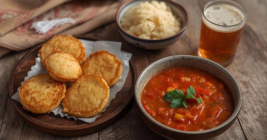 Belarusian food with draniki, borscht, and kvass on a wooden table.