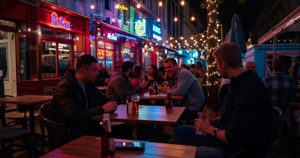 Minsk Belarus nightlife with neon lights, bars, and people enjoying the evening.