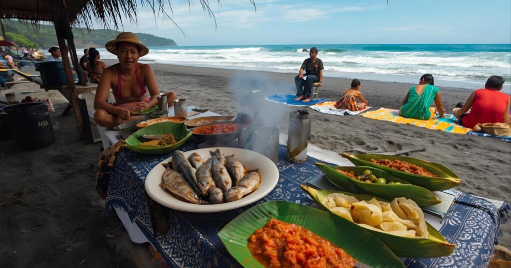 Alt Text: Grilled fish with rice and sambal served on the beach in Lombok, Indonesia, overlooking turquoise ocean and palm trees