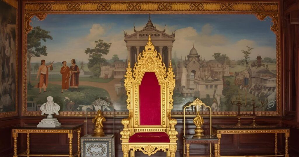 Bang Pa-In Summer Palace interior – royal throne, golden details, ancient furniture, and historic paintings in Ayutthaya, Thailand