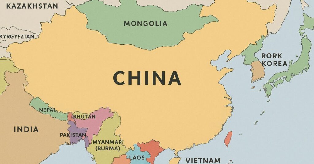 Political map of China highlighting its borders with 14 neighbouring countries including India, Russia, Mongolia, Pakistan, Nepal, Bhutan, Myanmar, Laos, Vietnam, North Korea, Afghanistan, Kazakhstan, Kyrgyzstan, and Tajikistan