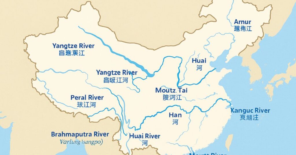 Map of China highlighting the 10 biggest rivers including Yangtze, Yellow, Pearl, Mekong, Amur, Brahmaputra, Tarim, Huai, Songhua, and Han rivers with labelled flow routes