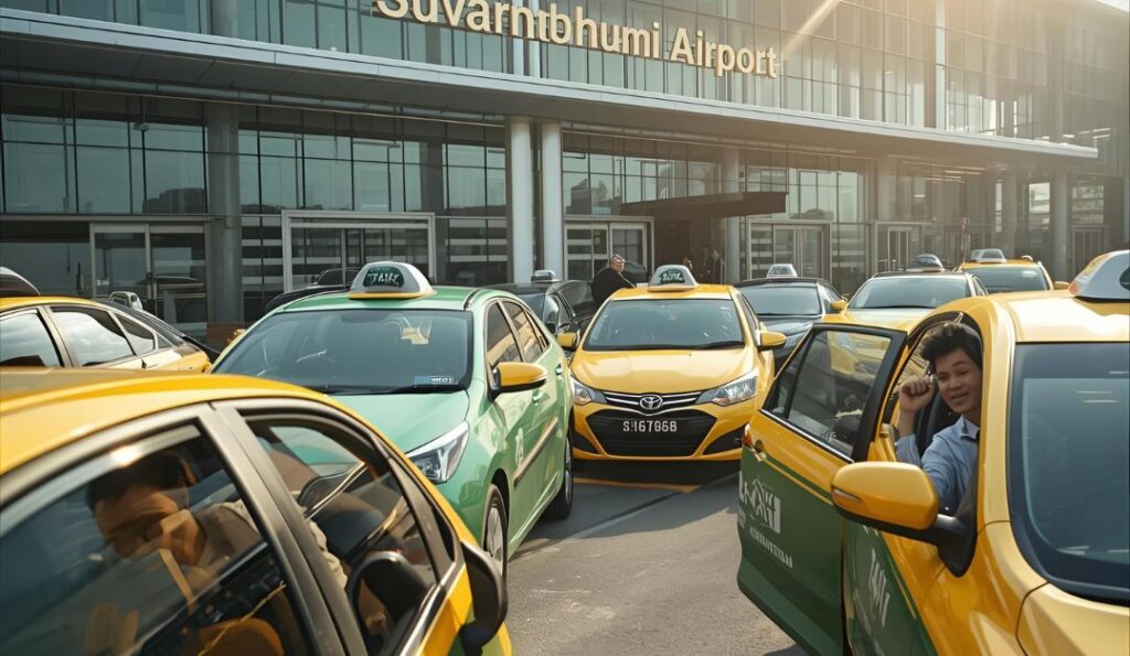 Rows of bright taxis outside Suvarnabhumi Airport in Bangkok under morning light, capturing the excitement of arrival in Thailand.