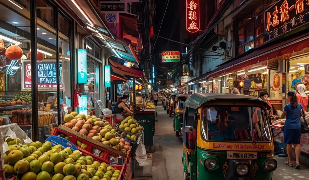 A vibrant evening street view of Nana in Bangkok, showing colorful tuk-tuks, a traditional Thai fruit shop with mangoes, dragon fruit and durians, and brightly lit massage centers under neon lights, capturing the lively nightlife and cultural spirit of Bangkok.