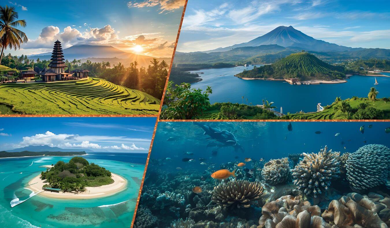 Feature image showing top things to do in Indonesia including Bali, Komodo Island, Raja Ampat, and Mount Bromo