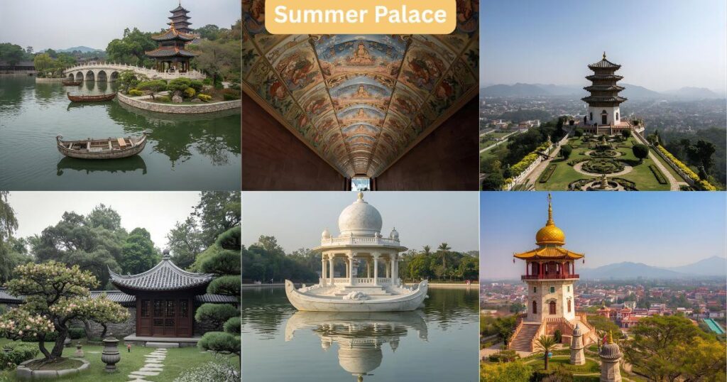 Summer Palace in Beijing, China – collage showing six famous spots inside the palace complex