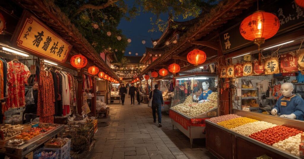 Qianmen Street in Beijing, China – shops on both sides with various stalls and robots standing by