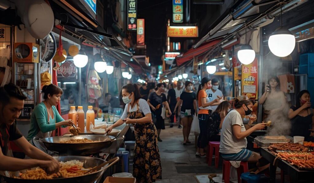 A bustling Bangkok food street at night, with vendors cooking Pad Thai in woks, women preparing fresh fruit juices, and tourists enjoying mango sticky rice and coconut ice cream on small plastic chairs. Neon lights, smoky grills, and colorful Thai street vibes create a lively and authentic atmosphere.
